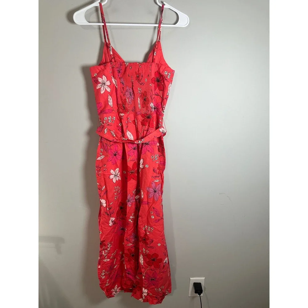 Banana Republic Floral Linen Blend Wide Leg Cropped Jumpsuit Red Pink 4 NEW